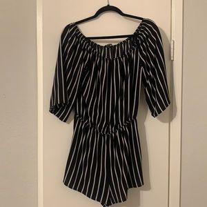 Black and white, off the shoulder, chiffon Romper!